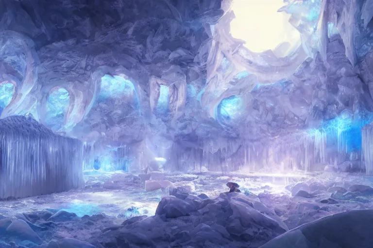 Prompt: cold majestic dream ice palace in the heaven mountains | artstation scenery art | volumetric lighting | makoto shinkai