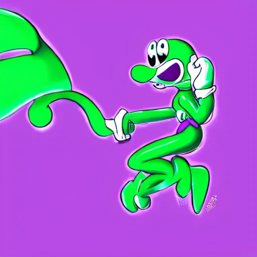 Image similar to anthropomorphic light green yoshi wearing a purple jacket, black shirt, purple skirt, purple heels, nintendo, digital art, deviantart