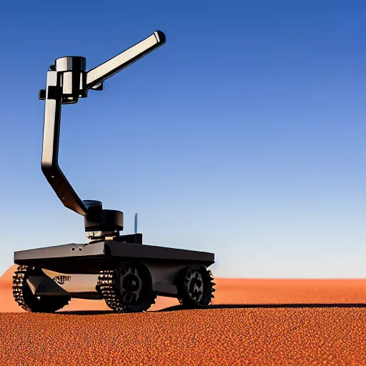 Image similar to turtle shaped peaceful mobile biomimetic rugged anemometer station sensor antenna on all terrain tank wheels, for monitoring the australian desert, XF IQ4, 150MP, 50mm, F1.4, ISO 200, 1/160s, dawn, golden ratio, rule of thirds