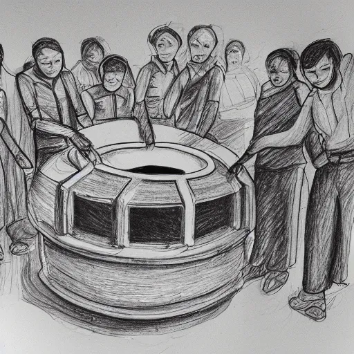 Image similar to sketch of a furnace with people around it, pen on paper simple drawing by a 1 0 year old