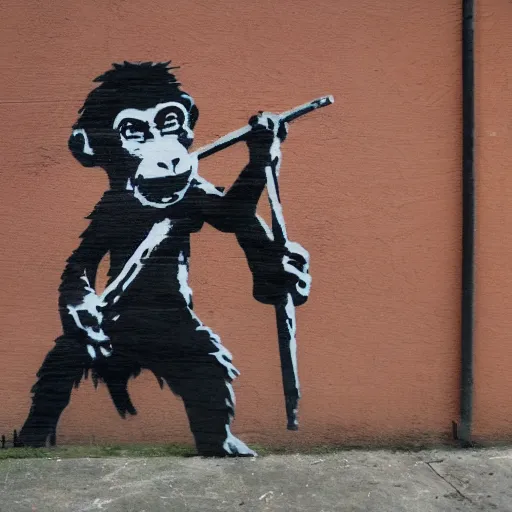 Image similar to banksy art monkey with sword, wall with city street background