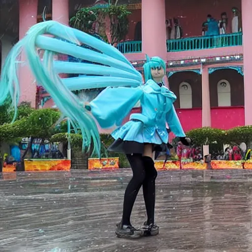 Prompt: Hatsune Miku performing while raining at plaza de bolivar in armenia quindio