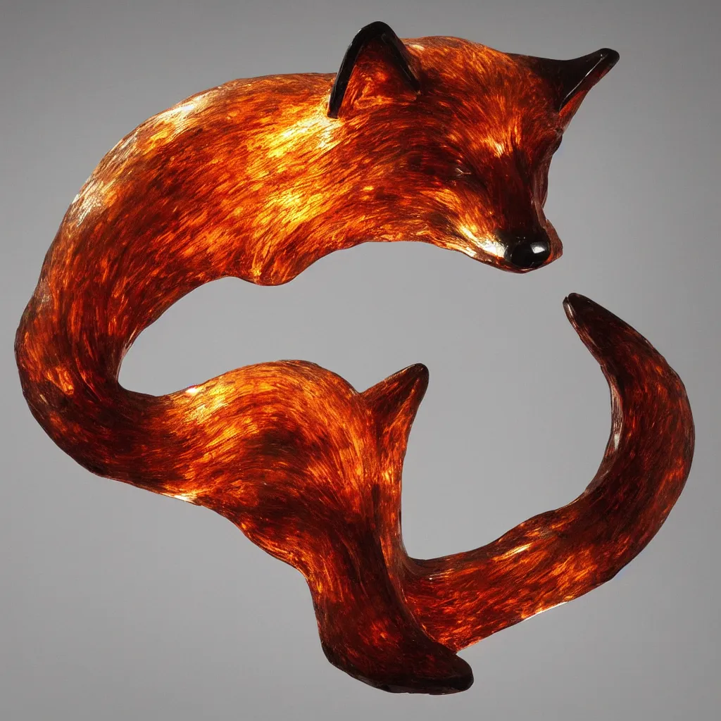 Prompt: a glass sculpture of a red fox head, dynamic lighting, museum,