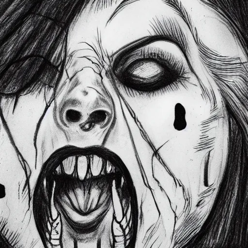 Prompt: a scary horror themed screaming woman, drawn with charcoal and pen and ink, half-tone-line-stacking