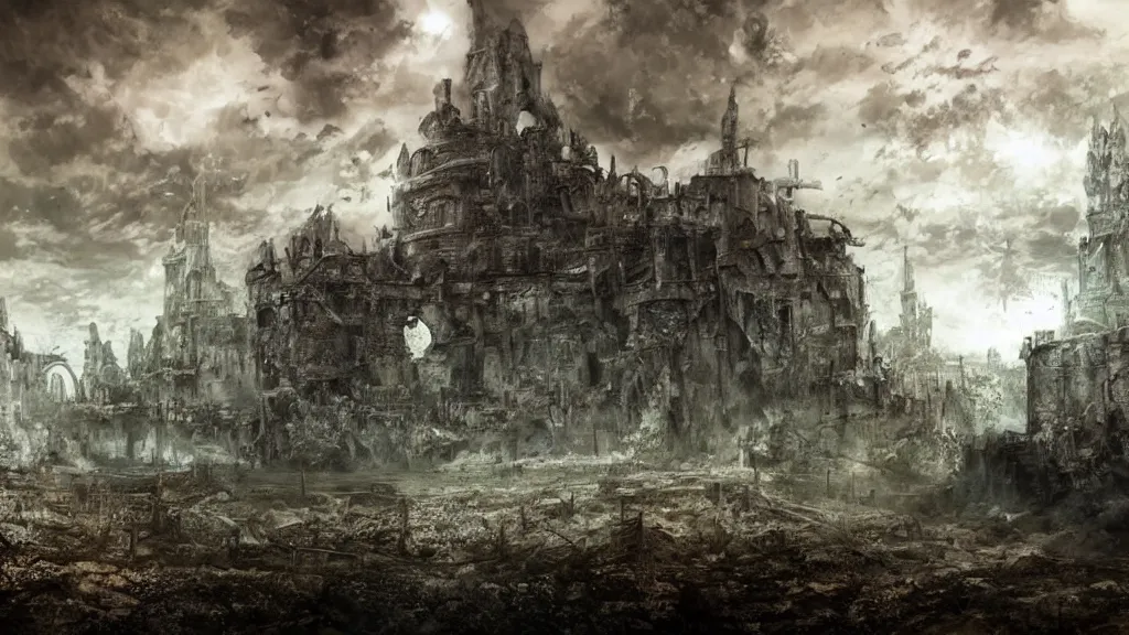 Image similar to an artwork of a landscape of ruined underwater civilisation, dark souls style