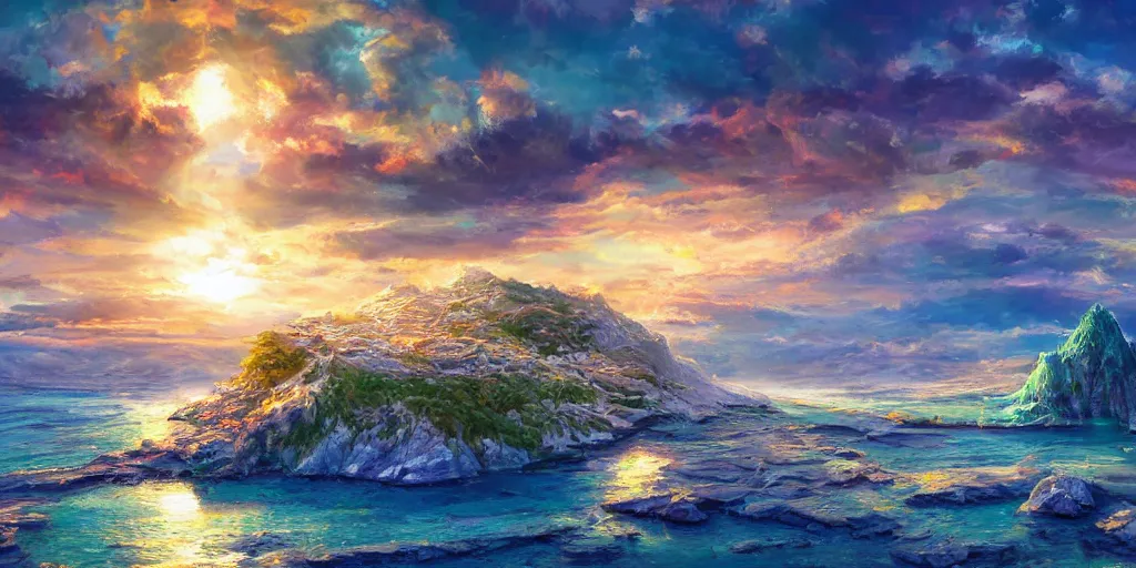 Image similar to salt covered islands surrounded by gleaming colourful crystal cliffs, illustration, bright sunlight, sun glints, sunrays, digital art, oil painting, fantasy, 8 k, trending on artstation, detailed