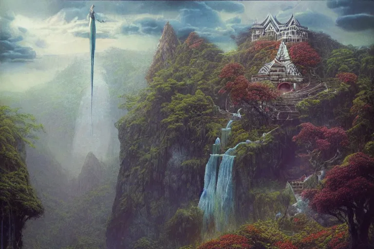 Image similar to Himeji Rivendell overlooks the Garden of Eden, amazing concept painting, fantasy landscape, castle, valley, waterfalls, trees, by Jessica Rossier by HR giger by Beksinski, by brian Froud