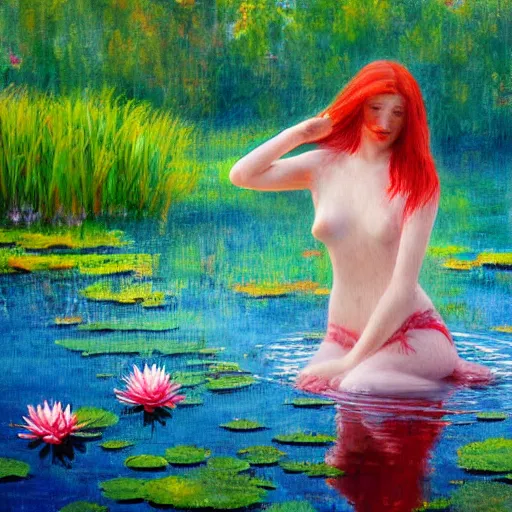 Prompt: oil painted impressionism style, A red-haired girl bathes in a lake where water lilies are floating, High definition, detailed,