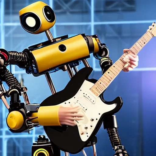 Prompt: a robot playing an electric guitar on stage