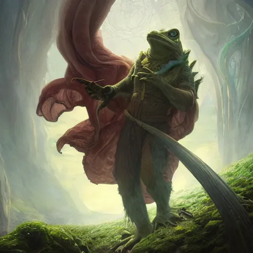 Image similar to epic portrait an wizard casting a spell on a frog, digital painting, artstation, concept art, soft light, hdri, smooth, sharp focus, illustration, fantasy, intricate, elegant, highly detailed, D&D, matte painting, in the style of Greg Rutkowski and Alphonse Mucha and artemisia, 8k, highly detailed, jurgens, rutkowski, bouguereau, pastoral, rustic, georgic, detailed concept art, illustration, colorful pastel, painting, detail, ultra detailed, digital art, 4K