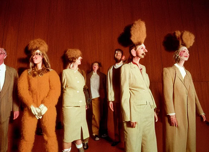 Prompt: realistic photo portrait of the team, brown mustard cotton fluffy carnival costumes, pigeon head face portrait, wooden polished and fancy expensive wooden science laboratory hall interior with plants 1 9 9 0, life magazine reportage photo, david lynch, michelangelo antonioni, red desert, twin peaks