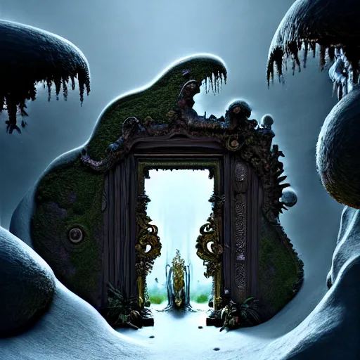 Image similar to doorway to an ancient fallen god, lush trunda vegetation, snow :: by Michal Karcz, Daniel Merriam, Victo Ngai and Guillermo del toro :: ornate, dynamic, particulate, intricate, elegant, highly detailed, centered, artstation, smooth, sharp focus, octane render, 3d