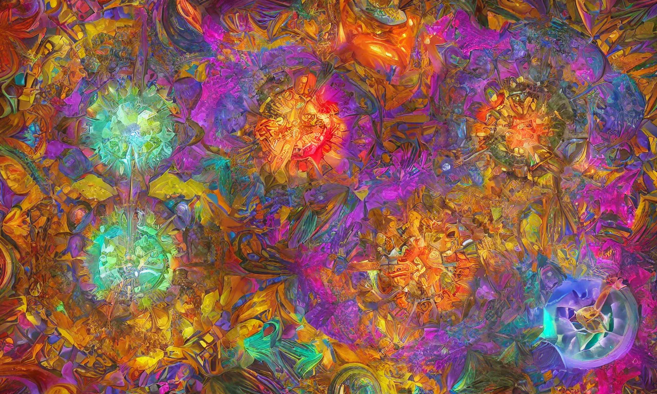 Image similar to voronoi engine laboratory 3 d volume kaleidoscope mandala fractal chakra digital multicolor stylized concept substance by artgerm, rossdraws, norman rockwell, magali villeneuve, gil elvgren, alberto vargas, earl moran, enoch bolles radiating a glowing aura global illumination ray tracing hdr