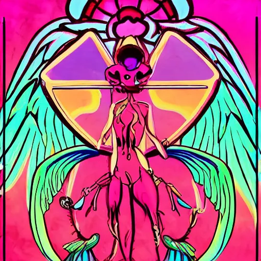 Prompt: dmt ego death neon pink + vulture + knife + hourglass + fish with wings + bikini girl + demon