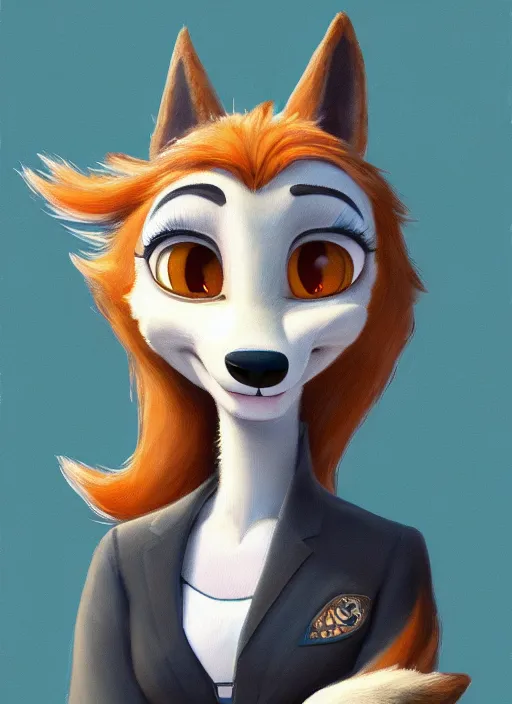 Image similar to oil painting of detailed full body of anthromorphic female wolf, in style of zootopia, zootopia, zootopia, fursona, furry, furaffinity, 4 k, deviantart, furry art, fursona art, wearing black business suit, business suit, in style of zootopia, wolf fursona, cyberpunk, female, expressive detailed feminine face,