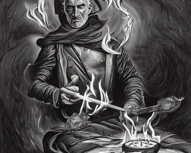 Image similar to dennis hopper as a powerful fire mage casting a flame spell, fantasy art, extremely detailed, high quality, award - winning,