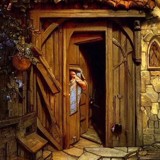 Image similar to an oak door in a medieval building with a terrible secret behind it by stanley artgerm lau, greg rutkowski, thomas kindkade, alphonse mucha, loish, norman rockwell.