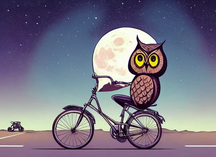 Image similar to a cell shaded cartoon owl riding a bicycle, with a big head, on a desert road, wide shot, in front of a big moon, muted colors, post grunge, josan gonzales, wlop, by james jean, victor ngai, hq, deviantart, art by artgerm