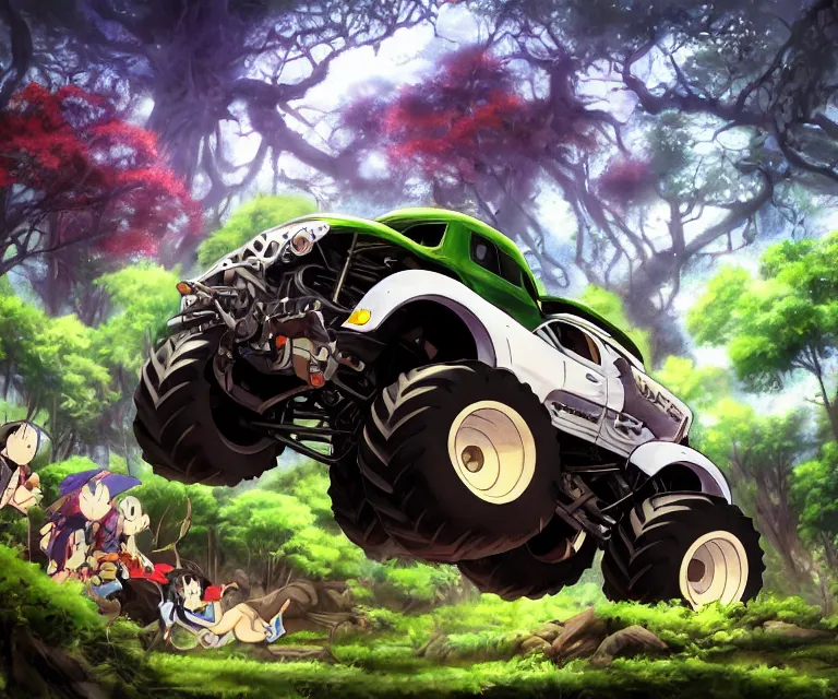 Image similar to monster truck in a forest, anime fantasy illustration by tomoyuki yamasaki, kyoto studio, madhouse, ufotable, comixwave films, trending on artstation