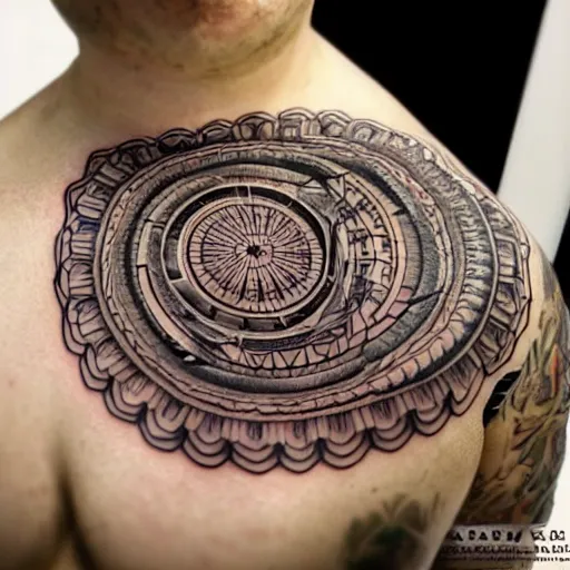 Image similar to intricate, lots of parts, high detail, sacred geometry tattoo, professional photography