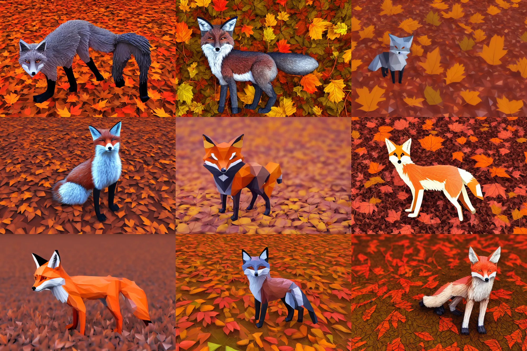 Prompt: super detailed long lowpoly fox standing on hyper detailed lowpoly autumn leaves