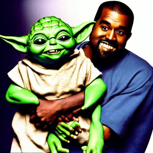 Image similar to kanye west smiling and holding holding yoda for a 1 9 9 0 s sitcom tv show, studio photograph, portrait c 1 2. 0