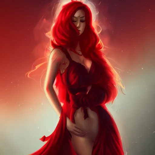 Image similar to a goddess with red hair and red dress with a fire aura, trending on artstation
