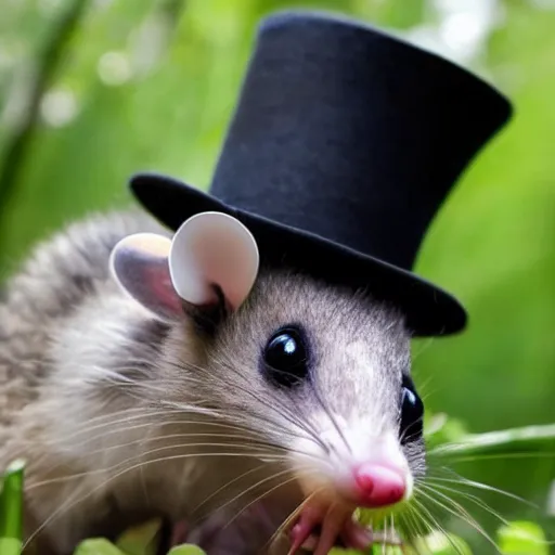 Prompt: candid photo of a cute opossum wearing a lil top hat