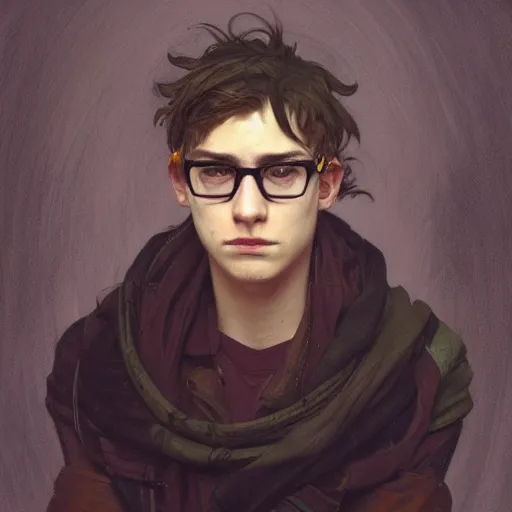 Prompt: portrait of depressed teen, ugly, nerds, hair looks like a helmet, straight stiff dry damaged hair, male, glasses, medium hair, oval face, olive skin color, 35mm, f1.7, D&D, concept art, art by Greg Rutkowski and Alphonse Mucha