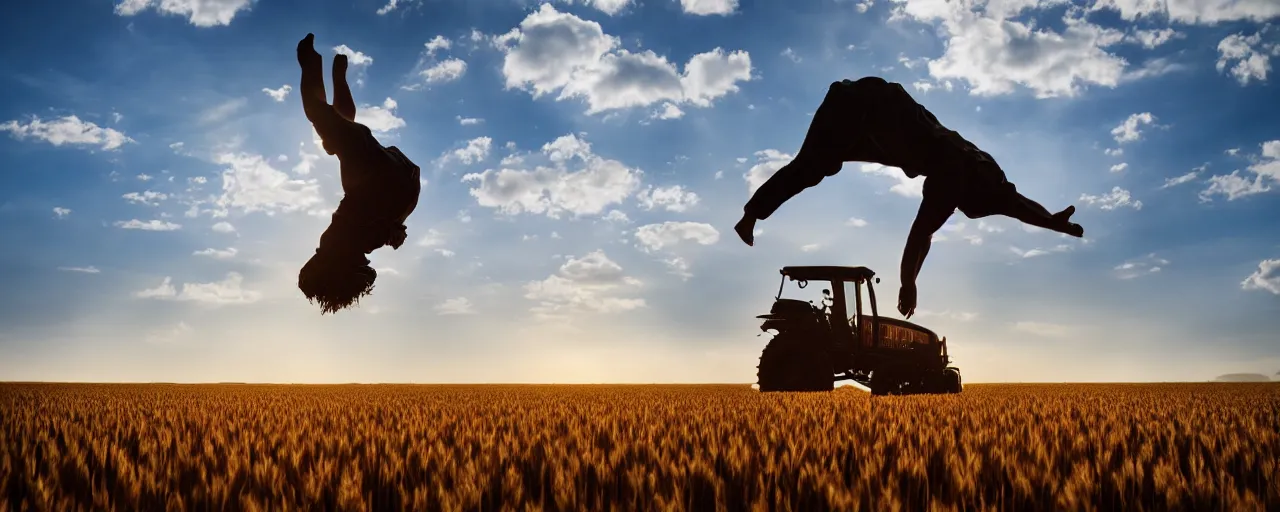 Image similar to jesus doing a backflip over a tractor in a wheat field, dramatic lighting, low angle, 4 k