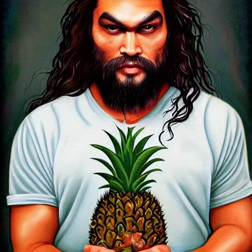 Prompt: jason momoa as a pineapple, lowbrow painting by mark ryden