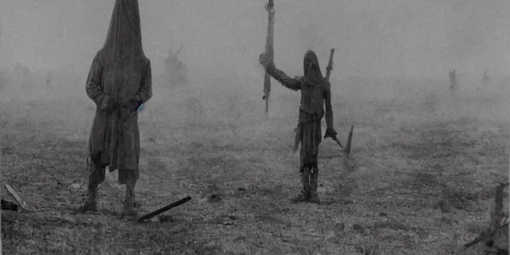 Image similar to scary unproportionable tall ghost creature in the middle of a battlefield, 1900s picture