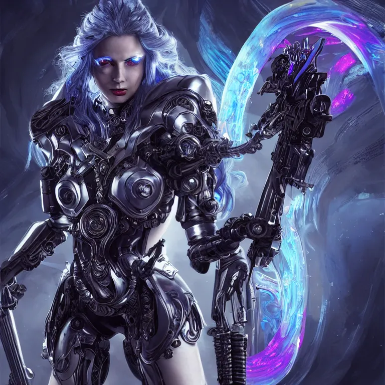 Image similar to beautiful cinematic fantasy poster, a beautiful cyberpunk cyborg with an ornate black and silver sci-fi rifle, brilliant silver flowing hair, beautiful blue glowing galaxy eyes, wideshot ultrawide angle epic scale, hybrid from The Elden Ring and art direction by Darius Zawadzki ;by artgerm; wayne reynolds art station; cinematic quality character render; low angle; ultra high quality model; production quality cinema model;