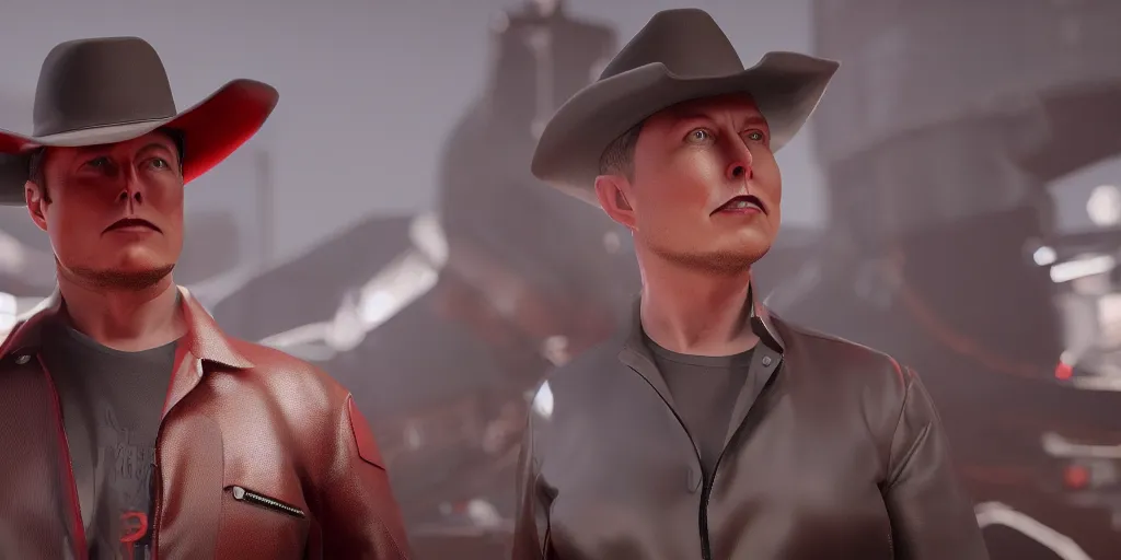 Image similar to 3d render of elon musk wearing a red cowboy hat, octane, 4k