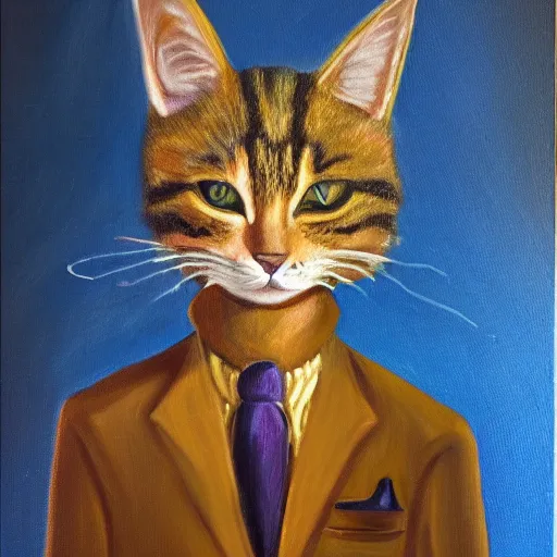 Image similar to oil painting of a bipedal cat in suit,