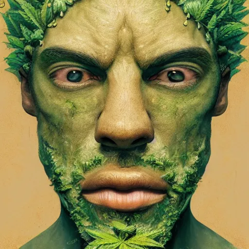 Prompt: a man made of hemp, with a head in the form of a cannabis bloom, man like smurf, green skin, character, art by james jean and greg rutkowski!!, realistic face, digital art,, golden ratio, perfect composition, trending on artstation, 8 k