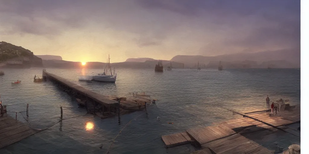 Prompt: wood dock, child at edge of dock, big fishing boat next to the dock with waving sailors. low angle, sunrise, a mediterranean phoenician fishing village in the distance, chalk cliffs above, highly detailed, digital painting, artstation, concept art, sharp focus, illustration, art by artgerm and raphael lacoste and magali villeneuve