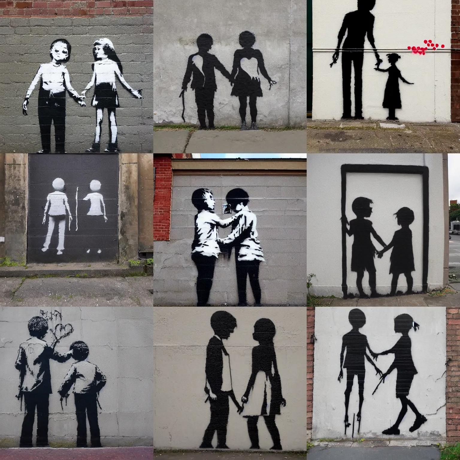 Prompt: a street art of thread connecting brother and sister by banksy