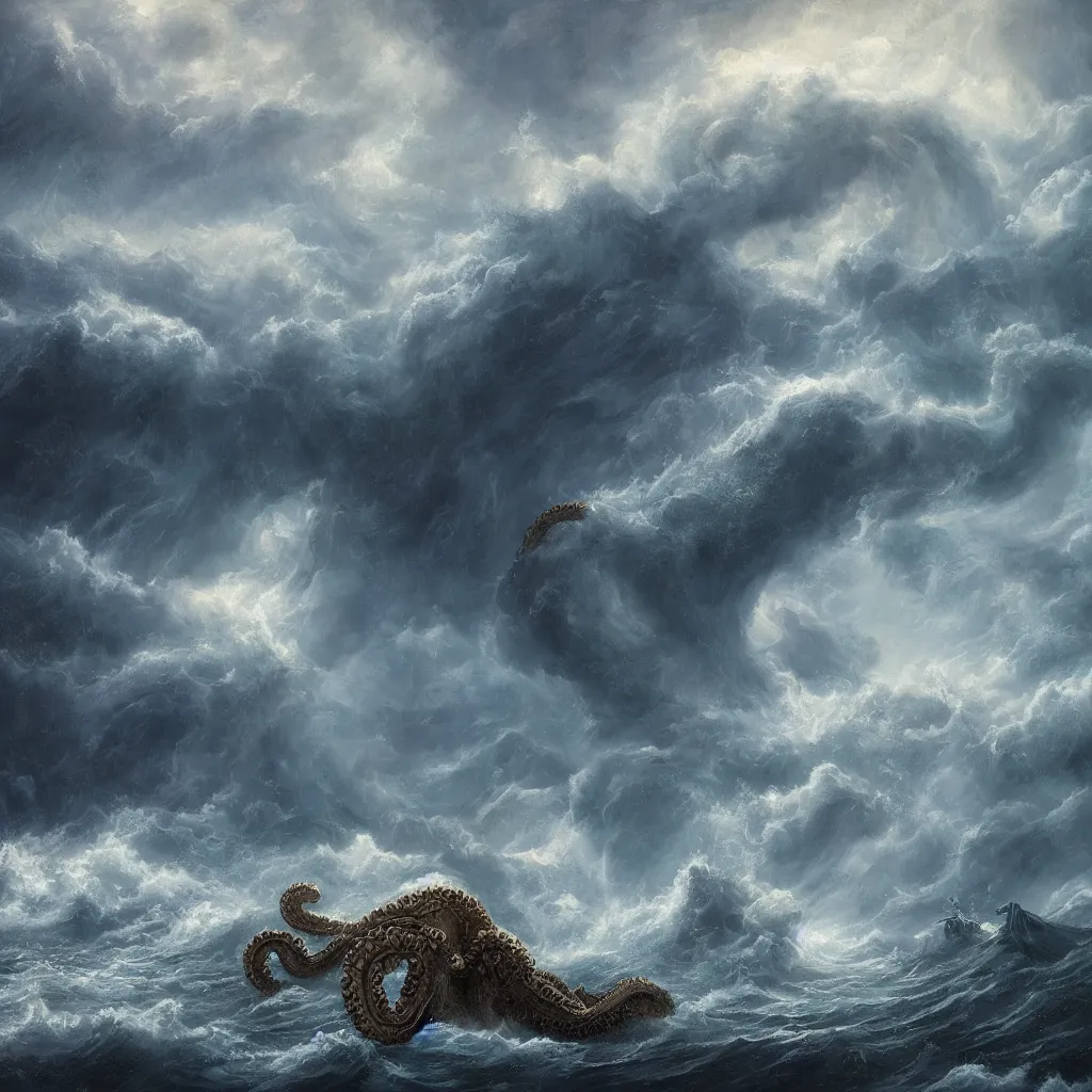 Prompt: a fantasy book landscape with a giant dark kraken. stormy sea with a small boat, giant waves, lightning in the background, oil painting, 4 k