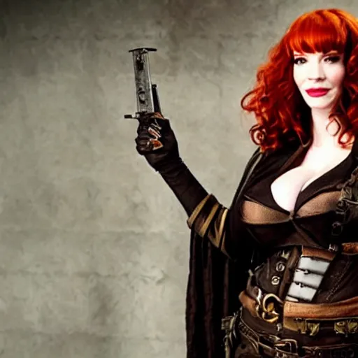 Prompt: full body photo of christina hendricks as a steampunk rogue warrior