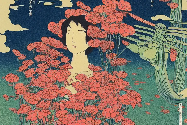 Prompt: gigantic mechanical dragonfly head human faces catch tiny frogs, a lot of exotic flowers around, human tears everywhere, risograph by kawase hasui, dirtyrobot, edward hopper, satoshi kon and moebius, colorful flat surreal design, super - detailed, a lot of tiny details, fullshot, grainy