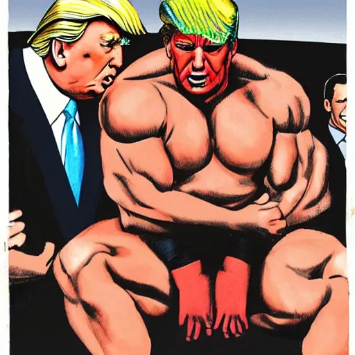 Image similar to an extremely buff Donald Trump wrestling a weak Anthony Fauci