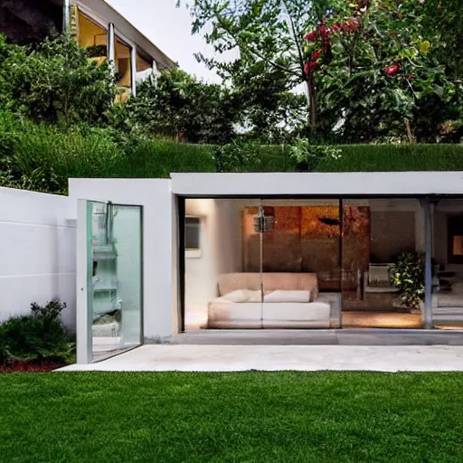 Prompt: small elongated backyard with hut office, white walls, brown tile ground, plants on the sides, modern, high definition, detailed, concrete and glass, architecture, fountain, children playground, photograph, magazine cover, luxury