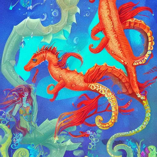 Prompt: merfolk riding seahorses, trending on artstation, colorful, intricate, art by aurore folny