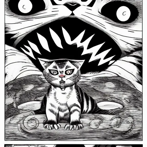 Image similar to a frightening cat consuming a body whole, by junji ito