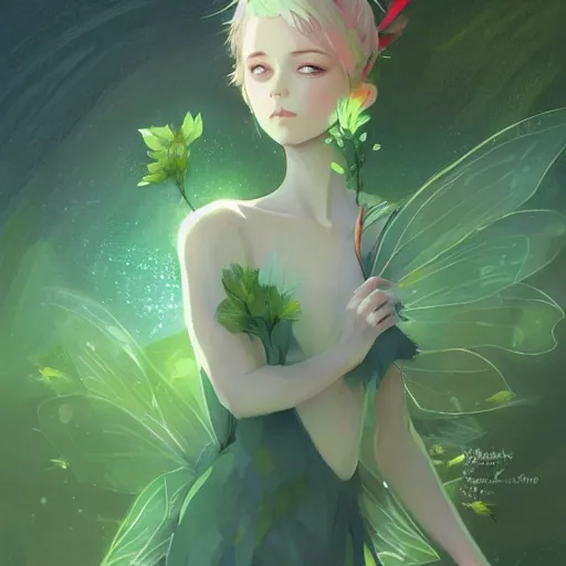 Prompt: an earth pixie fairy with green leaf wings, elegant, highly detailed, digital painting, artstation, concept art, sharp focus, illustration, strong brush stroke, anime, sharp focus, ghibli studio, art by ilya kuvshinov, rossdraws