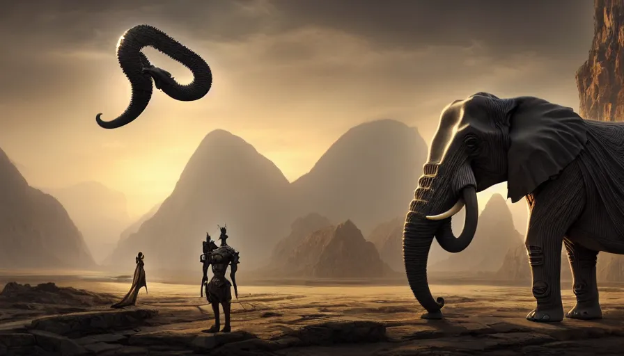 Image similar to a hybrid robot elephant, on socotra island, intricate, elegant action scene, an epic fantasy, artgerm and greg rutkowski and alphonse mucha, an epic fantasy, volumetric light, detailed, establishing shot, an epic fantasy, cinematic, photorealistic, ultrarealistic, trending on art station, octane render