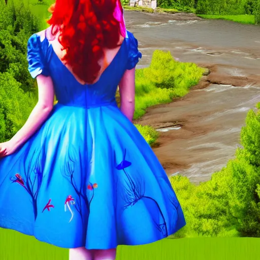 Image similar to giant alice in wonderland, pin up, houses, trees, mountains, woman, city, digital art, photo, blue dress, photoshop, flowers, collage, river, below