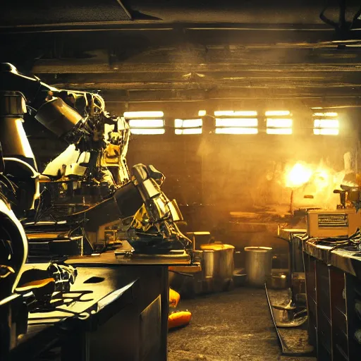 Image similar to cutlery mecha, dark messy smoke - filled cluttered workshop, dark, dramatic lighting, orange tint, cinematic, highly detailed, sci - fi, futuristic, movie still