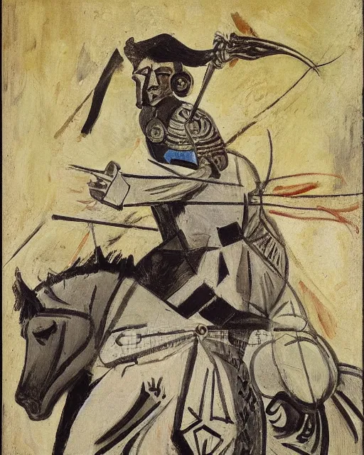 Prompt: portrait of a spanish conquistador in battle riding a horse, by daniel zrom and pablo picasso, facial features, handsome